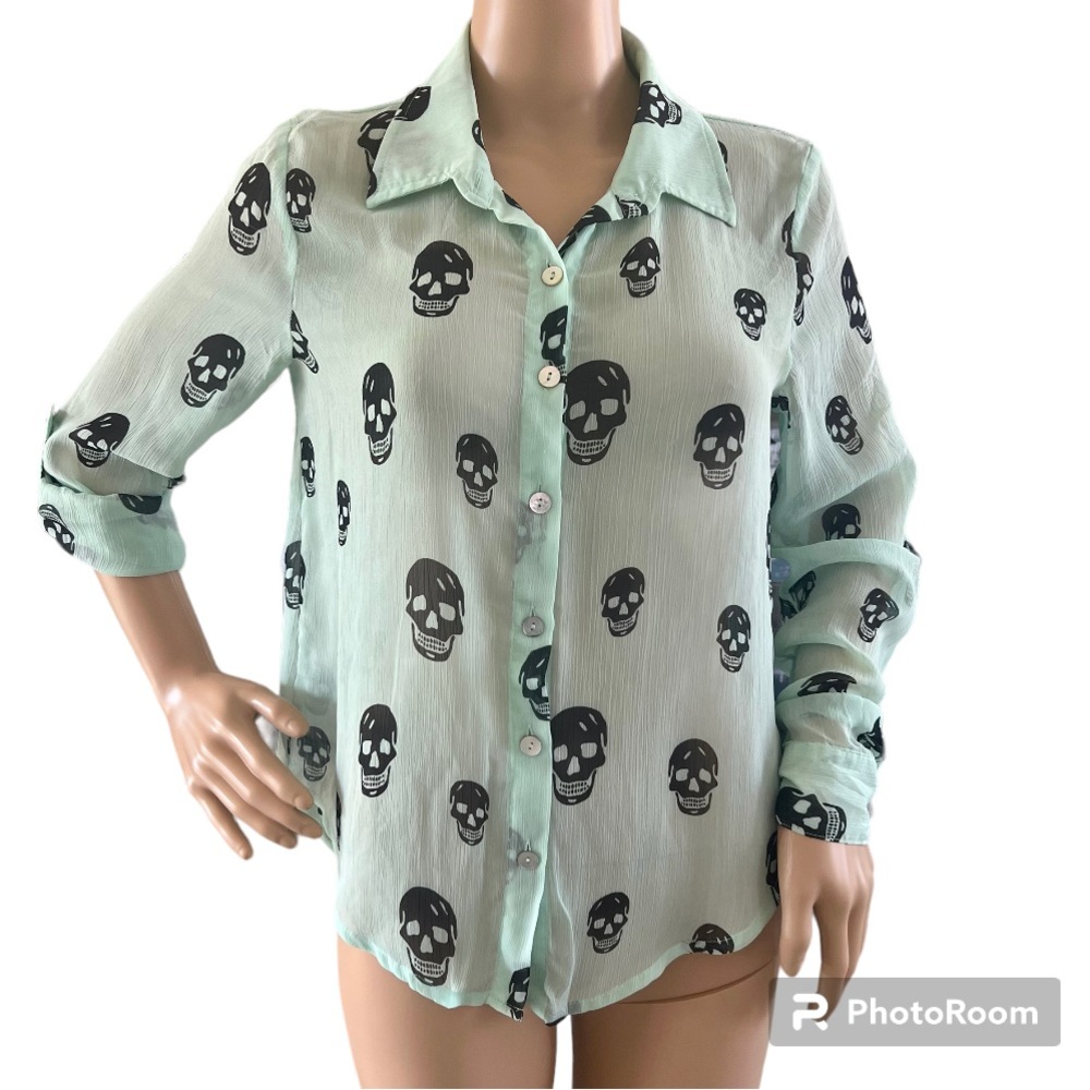 About A Girl Blouse Sheer Skulls Roll Tab Sleeves